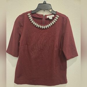 Liz Claiborne Burgundy  Blouse with Embellished Neckline and 3/4 Sleeves